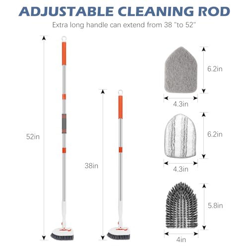 SetSail Tile Tub Scrubber Brush 3-in-1 Shower Scrubber with 52-inch Adjustable Long Handle Shower Cleaner Brush and 3 Detachable Replacement Brush Heads for Cleaning Bathroom Kitchen Walls Tub Tile - color: Orange, size: 2 Pads
