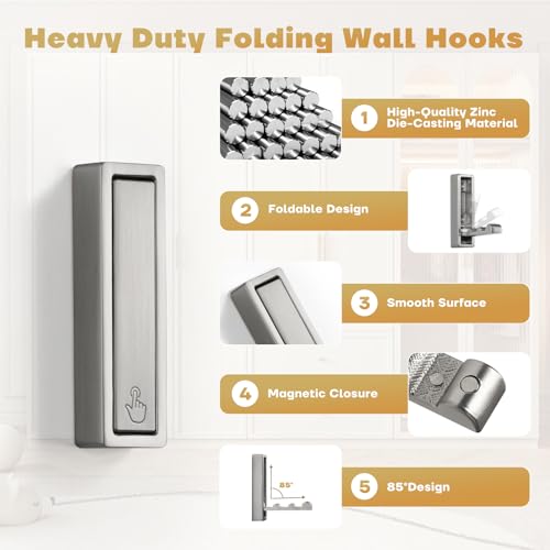 Folding Wall Hook, 4Pcs Foldable Coat Hooks Mounted, Heavy Duty Zinc Alloy No Rust Fold Up Hooks for Hanging Coat, Towel, Key, Hat, Bag, Jacket, Backpack (Brushed Nickel) - color: Brushed Nickel, size: 4