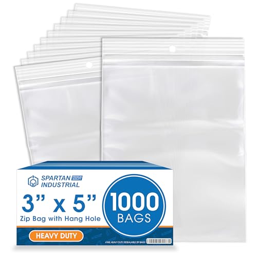 3" X 5" Heavy-Duty Zip Bags With Hang Hole for Displays (1000 Count) - 4 Mil Plastic Resealable Bags for Storage and Packaging - Spartan Industrial - size: 3" X 5"