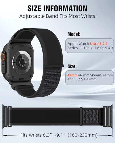 Trail Loop Nylon Sport Band Compatible with Apple Watch Ultra 3 2 Band for Men 49mm 46mm 45mm 44mm 42mm, Rugged Breathable Sport Adjustable Strap for iwatch bands Series 11/10/9/8/7/6/5/4, SE 3 2 1 - color: Black1(Black)