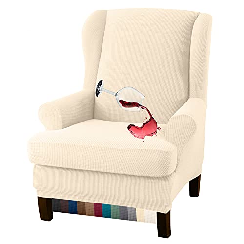 Granbest Premium Water Repellent Wingback Chair Cover 2-Piece High Stretch Jacquard Fabric Wing Back Chair Slipcovers (Wing Chair Cover,Beige) - color: Beige