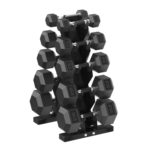 HANDBODE Hex Dumbbell Set with Vertical Storage Rack, 100–550 lb | Non-Slip Handle Design for Secure Grip, Rubber Encased Dumbbells, Hand Weights for Strength Training and Home Gym - style: 180 lb (5, 10, 15, 25, 35 lb) X 2 & Rack