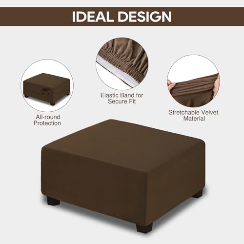 NeColorLife Velvet Square Ottoman Cover, Stretchable Footrest Stool Slipcover with Elastic Band for Rectangle and Square Storage Ottoman(Large,Brown) - color: Brown, size: L Length: 35"-45",Width: 31"-43"