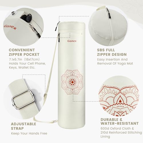 Gonex Yoga Mat Bag with Full-Zip Design, Fits Most Mats | 600D Oxford Fabric, Wet Pocket, Front Zip Pocket, Adjustable Strap, Fits Mats up to 26" - color: Beige