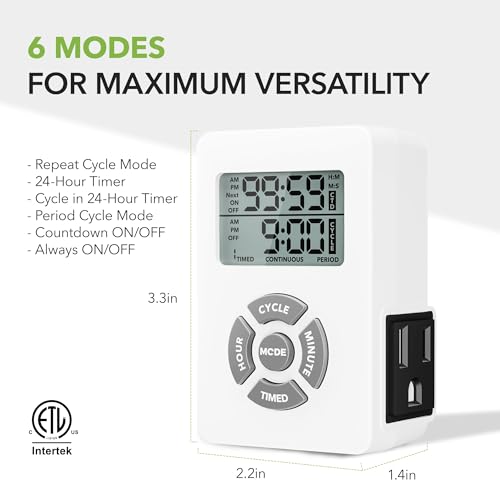 BN-LINK Digital Outlet Timer with Interval Repeat Cycle & Countdown On/Off | Multifuncitonal 24h Programmable Outlet Timers for Electrical Outlet, 3 Prong Plug-in Outlet, 125V/15A/1875W, ETL Listed - color: 3-prong Outlet(side)