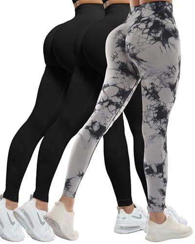 CHRLEISURE Workout Leggings Sets for Women, Gym Scrunch Butt Butt Lifting Seamless Leggings 3 Piece - color: 3 Packs - Black/Black/Tie Dye Black, size: Small