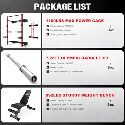 JELENS FS01 Folding Squat Rack, Wall Mounted Power Rack for Home Gym, Space Saving Multi-Functional Power Cage with More Attachments - color: Red, size: FS01 Home Gym Package