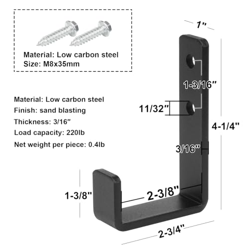 4 Pack 2-3/8" Heavy Duty Steel J Hook, Wall Mount Garage Hanging Bracket | Black, 220 lbs Capacity - size: 2-3/8 Inch