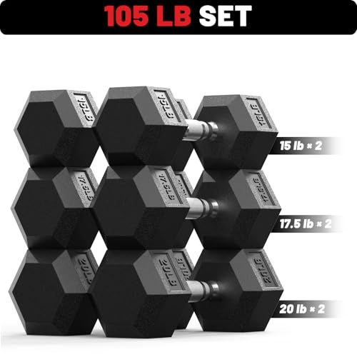 PAPABABE Dumbbell Set, Rubber Encased Home Gym Dumbbells, Weight Dumbbells for Women & Men, Hand Weights for Home Gym & Strength Training - size: 105 lb Set (Pair of 15, 17.5, 20), style: Chrome Grip