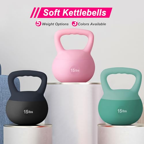 soges PVC One-Piece Kettlebell with Wide Handles, Strength Training Kettlebells 5lb to 35lb Optional for Women of Different Levels, Iron Sand Filled Soft Kettlebell - color: 15lbs - Pink