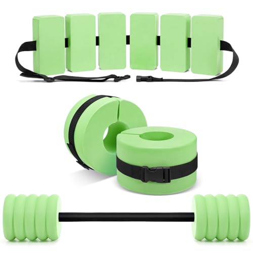Soulchen Pool Exercise Set Including Long Aquatic Exercise Dumbbells,Pool Ankle Weights,Swim Belt,Water Aerobics Water Aerobics Equipment Set for Full Body Swim Training Kit - color: Green, size: Middle