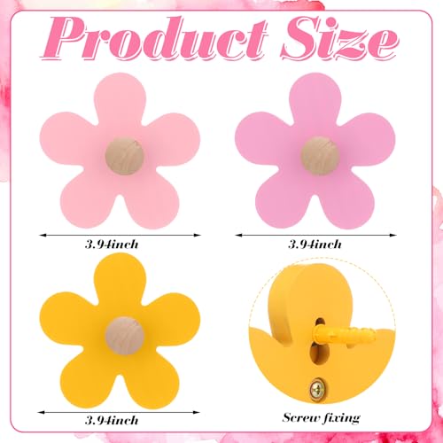 AceOrbit Pcs Daisy Wall Hooks Wood Flower Towel Hooks Cute Flower Decorative Wall Mount Hangers for Bathroom Kitchen Bedroom Home Entryway Decor (3,Yellow, Pink, Purple) - color: Yellow, Pink, Purple