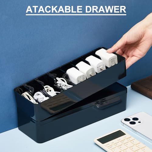 Tatuo 2 Pcs Cord Organizer for Drawer Desktop, Cable Organizer Box with 8 Compartments and Wire Ties, Plastic Charger Storage with Lid, Electronics Case for Home Office Accessories (Small,Black) - color: Black