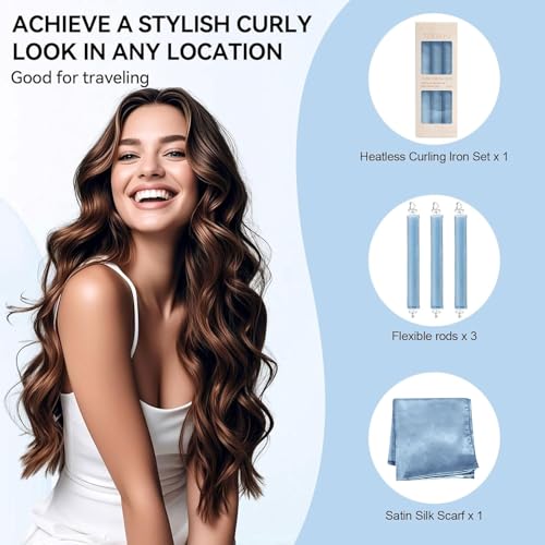 Heatless Curls Overnight Hair Care Set - Jumbo Velvet Hair Curlers | No Heat Hair Rollers for Women, Comfortable Sleep-In Hair Rollers with Satin Scarf, No Heat Damage Curling Rods for All Hair - color: Blue-6PCS