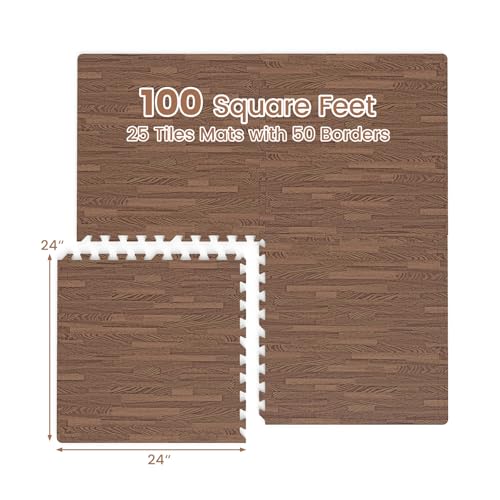 Tangkula 25 Tiles Foam Flooring Mats with Border, 100 SQ FT EVA Interlocking Exercise Foam Mats for Exercise Equipment, Elastic Puzzle Play Mats, 3/8” Non-Slip Workout Floor Mats for Home Gym (Brown) - size: 100 sq.ft, Brown