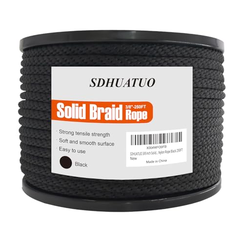 SDHUATUO 3/8 Inch Nylon Solid Braided Rope, 250FT Polyester Cord Black | 2420 lbs, UV Resistant & Wearproof, Soft Flexible Rope for Swings, Camping Tent, Flagpole, Outdoor Twine, Dog Leashes - color: Black, size: 3/8''-250ft