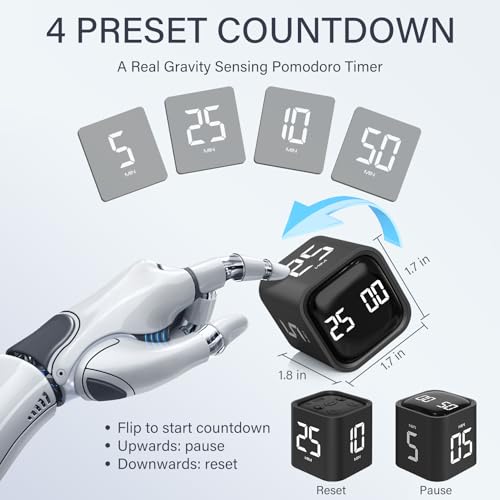 Rotating Pomodoro Timer 5, 25, 10 50 Minutes Preset, Desk Productivity Flip Timer, ADHD Tool Cube Countdown Stopwatch, Vibration/High/Low Volume/Custom Modes, for Work, Study, Back to School, Kitchen - color: Black