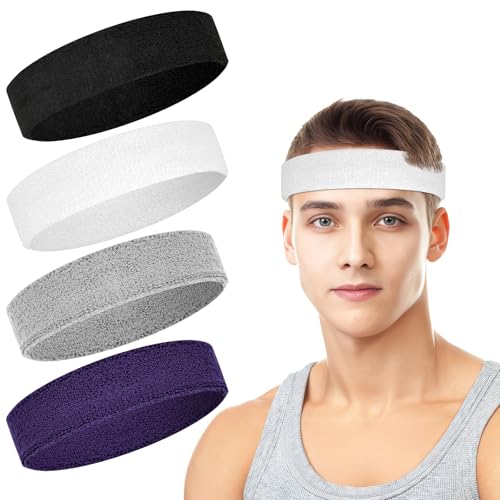 4 Pack Cotton Terry Sweat Headbands for Men Women Running Gym | 4 pack soft cotton terry headbands, Stretch 7 to 15 inches, Sweat-wicking, stays put for running, tennis, basketball & yoga - color: Black/Gray/Purple/White