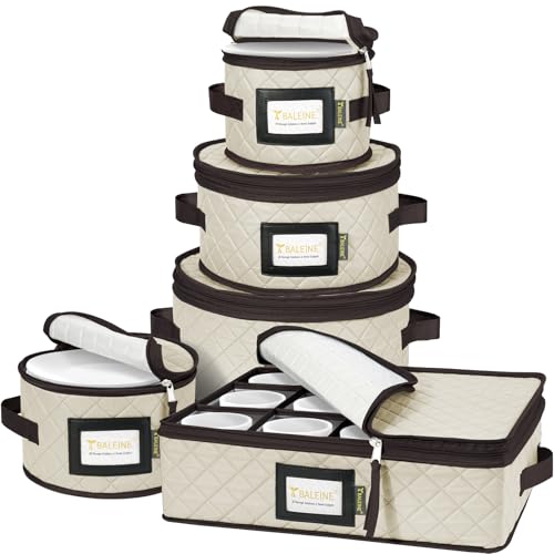 BALEINE China Storage Containers, Sturdy Quilted Wine Glass Storage, Plate Organizer with Carry Handles, Moving Boxes for Dishes, Cups, Mugs and Stemware (Plate Mug Combo, Soft Shell Cream) - color: Cream, style: Plate Mug Combo-Soft Shell