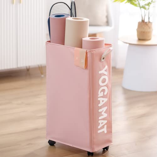 Twira Yoga Mat Storage Racks, Home Gym Storage Rack for Foam Roller, Yoga Strap and Resistance Bands, Workout Equipment Corner Storage Organizer with Wheels - color: Pink1, size: Slim 22"