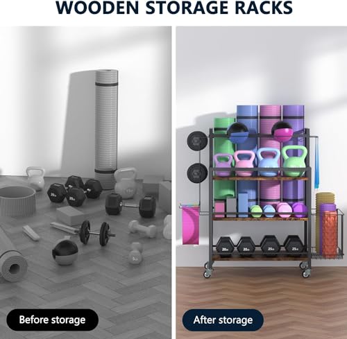 EasyCom Home Gym Storage, 4 Tier Large Capacity Rack for Dumbbells Kettlebells Foam Roller, Yoga Mat Strap and Resistance Bands, Exercise/Workout Equipment Storage Gym Organizer With Hooks and Wheels