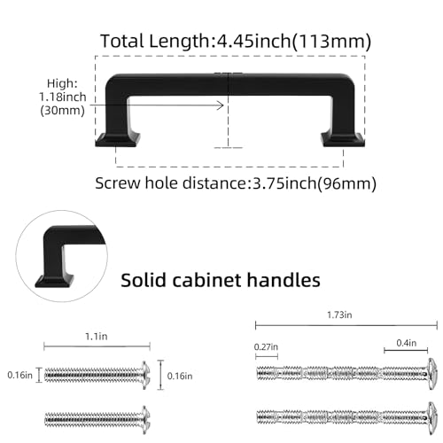 10 Pack Black Matte Cabinet Handles & Drawer Pulls - 3-3/4 in (96mm), Kitchen & Dresser Hardware - color: Matte Black, size: 3-3/4" Hole Center（96mm）