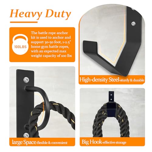 Heavy Duty Battle Rope Anchor Kit Wall Mount | Wall Anchor & Storage Hook for 30-50FT 1-2.5 Inch Battle Ropes, Multi-Functional Wall Bracket for Home Commercial Gym Garage - size: Large