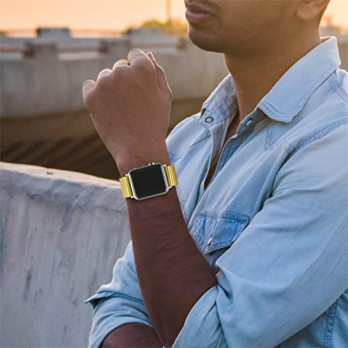 Stainless Steel Stretchable Band Compatible with Apple Watch Series 6/5/4/3/2/1 SE, 41mm/45mm/42mm/38mm/40mm/44mm, Expansion Clasp, Black, 38mm/40mm/42mm/44mm - color: Gold, size: 38MM/40MM/41MM M/L