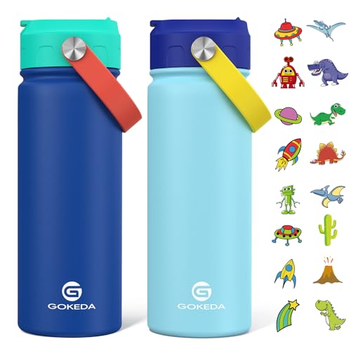 GoKEDA 18oz Kids Water Bottle, 2 Pack Insulated Bottles with Stickers, 18/8 Stainless Steel Vacuum Leak Proof Straw Cup for School, Gifts for Boys Girls(LightBlue+DarkGreenBlue) - color: LightBlue Yellow+DarkGreen Blue