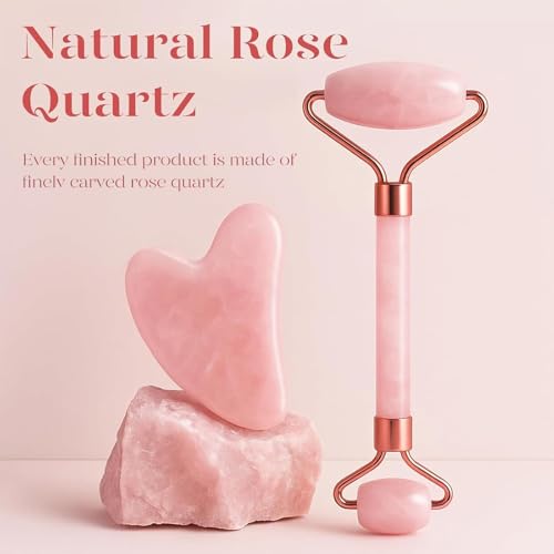 BAIMEI IcyMe Rose Quartz Roller & Gua Sha Set, Cooling Face Roller for Depuffing & Lymphatic Massage, Sculpting Tool for Face, Eyes & Neck, Smooth Skincare Gift for Women and Men - color: Pink