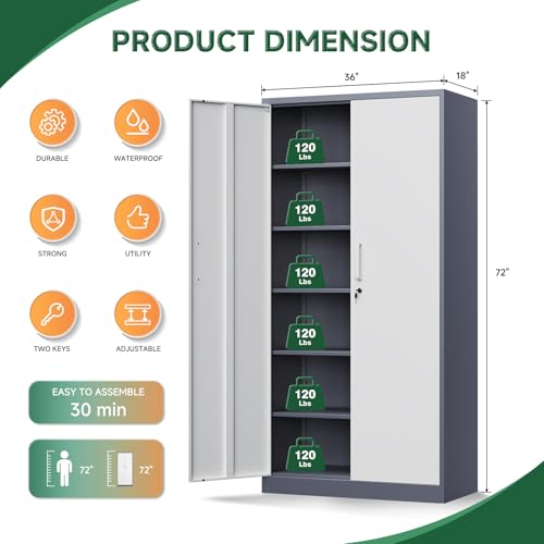 Letaya Metal Storage Cabinet with Lock Door and 5 Shelves,6 Tier Steel Garage Tool Cabinet for Home Office Utility Room 72" H X 36" W X18 D (White Gray) - color: Grey White, size: 72 X 36 X 18 In(H X W X D)