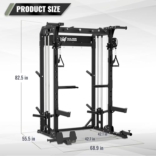 MAJOR FITNESS F22 Power Rack, 1600lbs All-in-One Squat Rack with Dual Pulley System, Heavy-Duty Steel Frame, Attachments & Storage for Home Gym Strength Training - color: Khaki, style: F22 (with Bench Elite BK & 230LB & 7ft Bar)