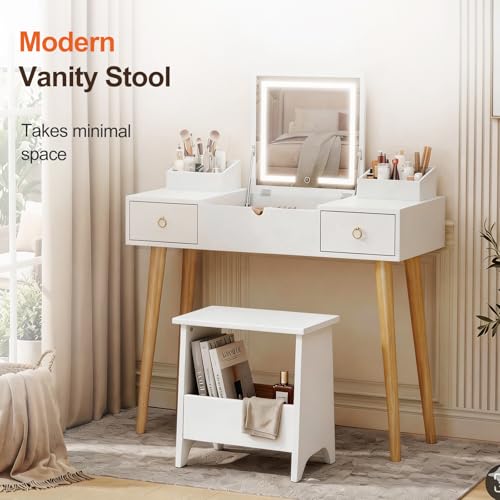 King Oasis Small Storage Stool with Flat Top, 15.7" Modern Footstool Ottoman for Living Room & Bedroom, Narrow Shoe Bench/Side Table for Entryway, Bathroom, Bedroom and Small Spaces, White - color: White