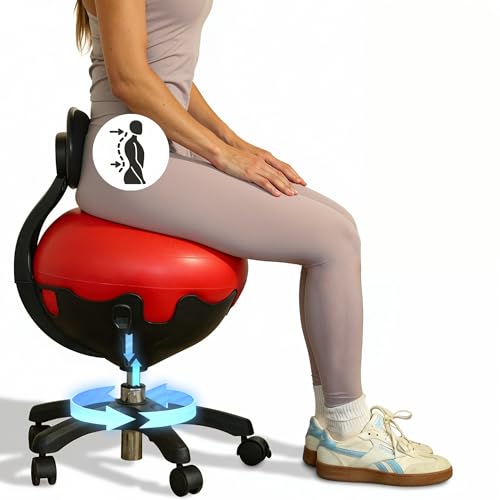 Aeromat Elite Yoga Ball Chair Active Sitting & Adjustable Height 250lbs Cap | Lockable Wheels, Ergonomic Desk Chair, Anti-Burst Removable Ball. Posture Strengthening, & Core Relief, for Office & Home Use - color: Red