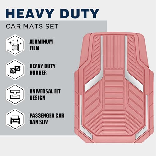 PIC AUTO Heavy Duty Pink Rubber Floor Mats, Silver Aluminum Film Car Mats Set, Front and Rear Car Mats with Anti-Slip Backing, All Weather Protection, Trim-to-Fit for Automotive SUV, Sedan, Van - color: All Pink