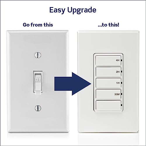 Leviton Countdown Timer Switch for household lights, heaters and exhaust fans, 30 min, 1-2-4 hour, No Neutral Wire Required, Single Pole, 15A, 1/2 HP/9.8A Fan/Motor, DT104-1LW, White - style: 1-2-4 hour, No Neutral Required