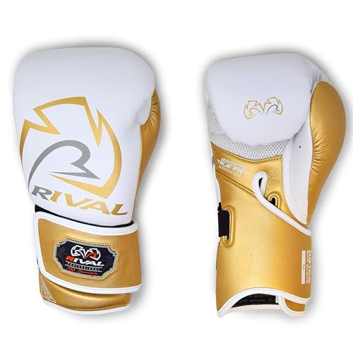 RIVAL Boxing RB100 Professional Bag Gloves, 6mm of D30 Padding, Handcrafted Microfiber, Innovative Wrist Lock 3 System - color: White/Gold, size: Large