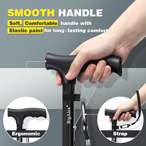 BigAlex Folding Walking Cane for Elderly Adjustable & Portable Walking Stick for Seniors,Pivoting Quad Base,Lightweight,Collapsible with Carrying Bag for Men/Woman - color: Black(4'9"-5'6")