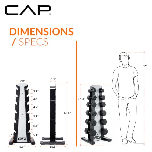 CAP Rubber Coated Hex Dumbbell Set with Storage Rack | 100–210 lb Options, Space-Saving Vertical Compact Storage for Home Gym Strength Training - size: 210 lb - Set - Silver Rack, style: Comfort Handle