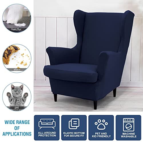 NILUOH Wingback Chair Cover 2-Piece Soft Stretch Wing Chair Slipcover Solid Color Armchair Sofa Couch Cover Furniture Protector with Elastic Bottom for Living Room Bedroom (Navy) - color: Navy
