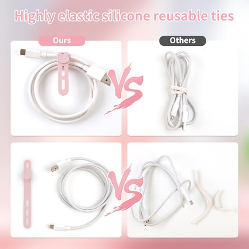 Oligei 25 Pcs Silicone Cable Ties, Cable Ties Reusable, High Elasticity Cord Wraps for Electrical Cords, Cord Organizer for Earphone, Phone Charger(Pink) - color: 25p∣pink