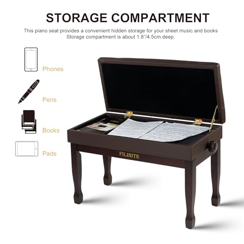 Adjustable Height Piano Bench with Storage, Solid Wood Duet Keyboard Stool, Waterproof Padded Seat Cushion, Multi-Use Bench for Piano, Vanity, Living Room, Bedroom XJ750-4(Brown) - color: Brown