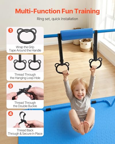 VEVOR Gymnastic Bars for Kids, 140 lbs Capacity Folding Training Kip Bar with Mat, 5 Adjustable Height Gymnastic Horizontal Bar Home, Training Equipment for Indoor Outdoor, Easy Assemble - color: Blue Mat