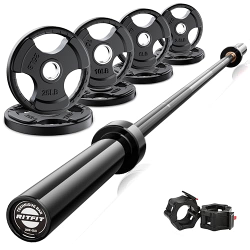 RitFit Barbell Weight Set - 4/6FT Olympic Barbell with Weight Plates (55-115LB Total) - Weightlifting Equipment for Squats, Curls, Deadlifts, Presses, Hip Thrusts - color: Black, size: 6FT With 85LB Plates