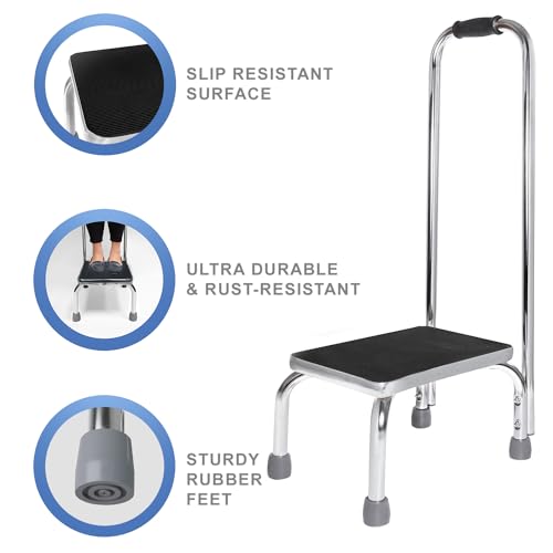 Vaunn Medical Foot Step Stool with Handle and Anti Skid Rubber Platform, Lightweight and Sturdy Stool for Children, Adults and Seniors, Chrome - color: Chrome With Handle