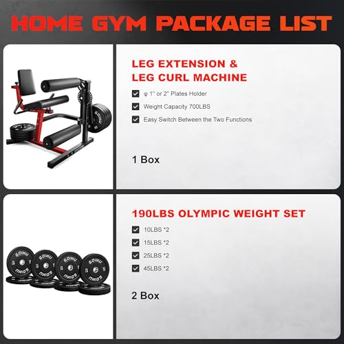 Leg Extension and Curl Machine, 4 in 1 Lower Body Workout Machine, Adjustable Leg Curl Machine with Plate Loaded, Leg Extension Machine with Exercise Bench, Home Gym Weight Machine - style: Red with 190lbs Weight Plates