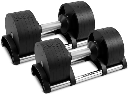 SQUATZ Adjustable Dumbbells with Quick Weight Change, Space-Saving Dumbbell Set with Anti‑Slip Handle, Secure Locking System, Heavy‑Duty Plates & Base for Home Workout and Strength Training - size: 90 LB Total - (45LB Each)