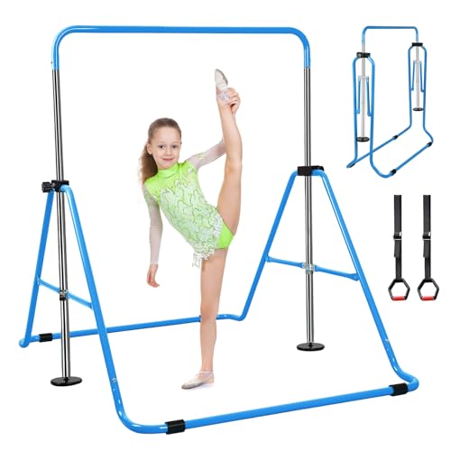Expandable Gymnastics Bars with Ring, Adjustable Height Gymnastic Horizontal Bars, Gym Junior Training Bar Children Folding Training Monkey Bars for Kids - color: Blue