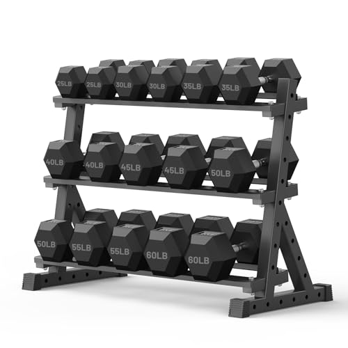PAPABABE Dumbbell Set with Rack, 540-850lb, Rubber Encased, Home Gym | Complete & Durable Cast Iron Core Odorless PVC Antiroll Hex Shape Ergonomic Chrome Handle Versatile Home Gym - size: 680LB with 3-Tier Weight Rack