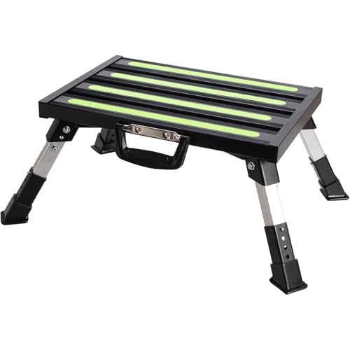 Aluminum RV Steps, 4-Level Adjustable Folding Step Stool with Non-Slip Rubber Feet, Non-Slip Fluorescent Strip Platform Rv Accessories - Black - color: Black